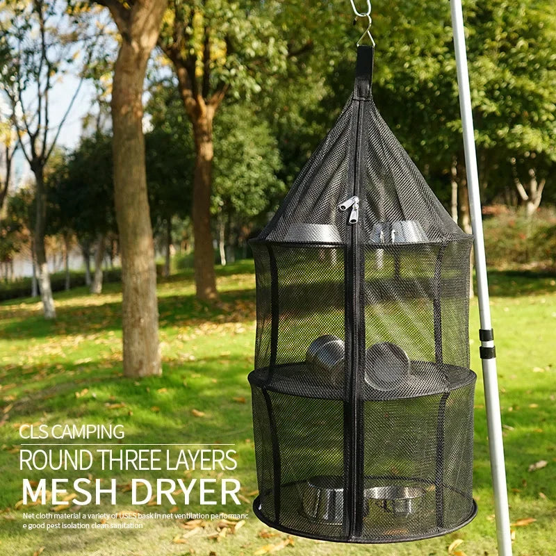 Outdoor Camping Folding Circular Mesh Dryer Net Portable 3 Layers Storage Hanging Mesh Bag Anti-insect Pot Dish Cup Drying Shelf