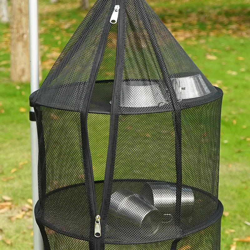 Outdoor Camping Folding Circular Mesh Dryer Net Portable 3 Layers Storage Hanging Mesh Bag Anti-insect Pot Dish Cup Drying Shelf