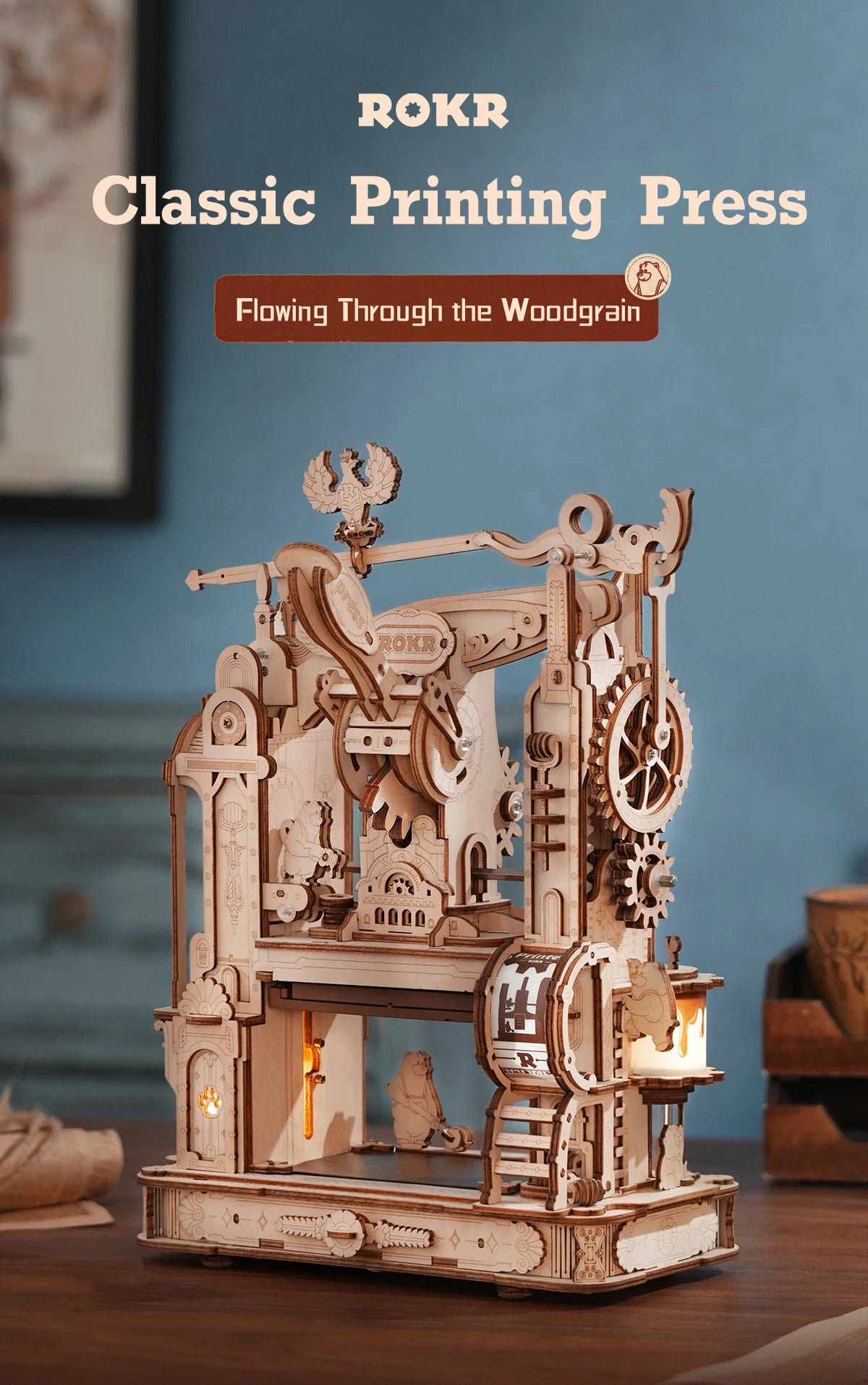 Robotime Rokr Printing Press 3D DIY Puzzle Gifts for Boyfriend Family Wooden Toys with LED Light Building Block Kit Play LK602