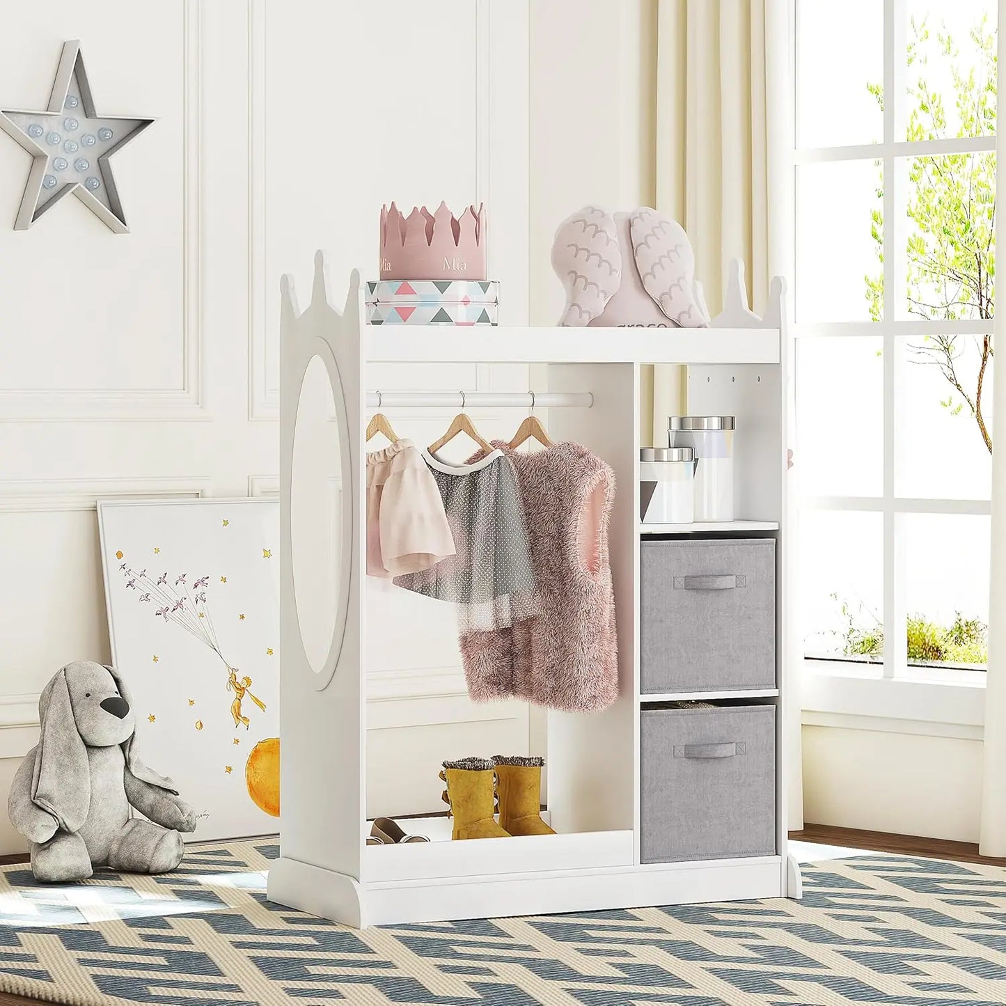 Kids Play Armoire with Mirror, Storage Bins and Closet for Dress Up and Costumes (White)
