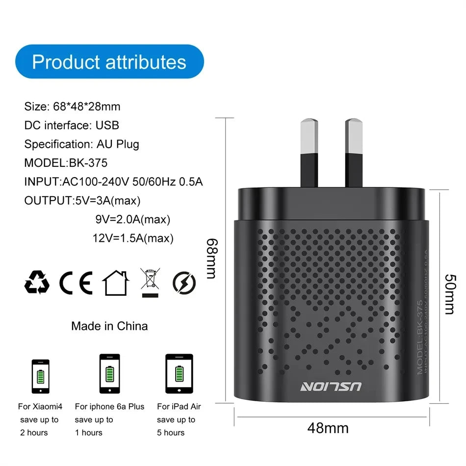 USLION 48W 3A QC3.0 AU Plug USB Charger for Australia Mobile Phone Charger For iPhone 15 14 Samsung 4 Port Fast Wall Chargers