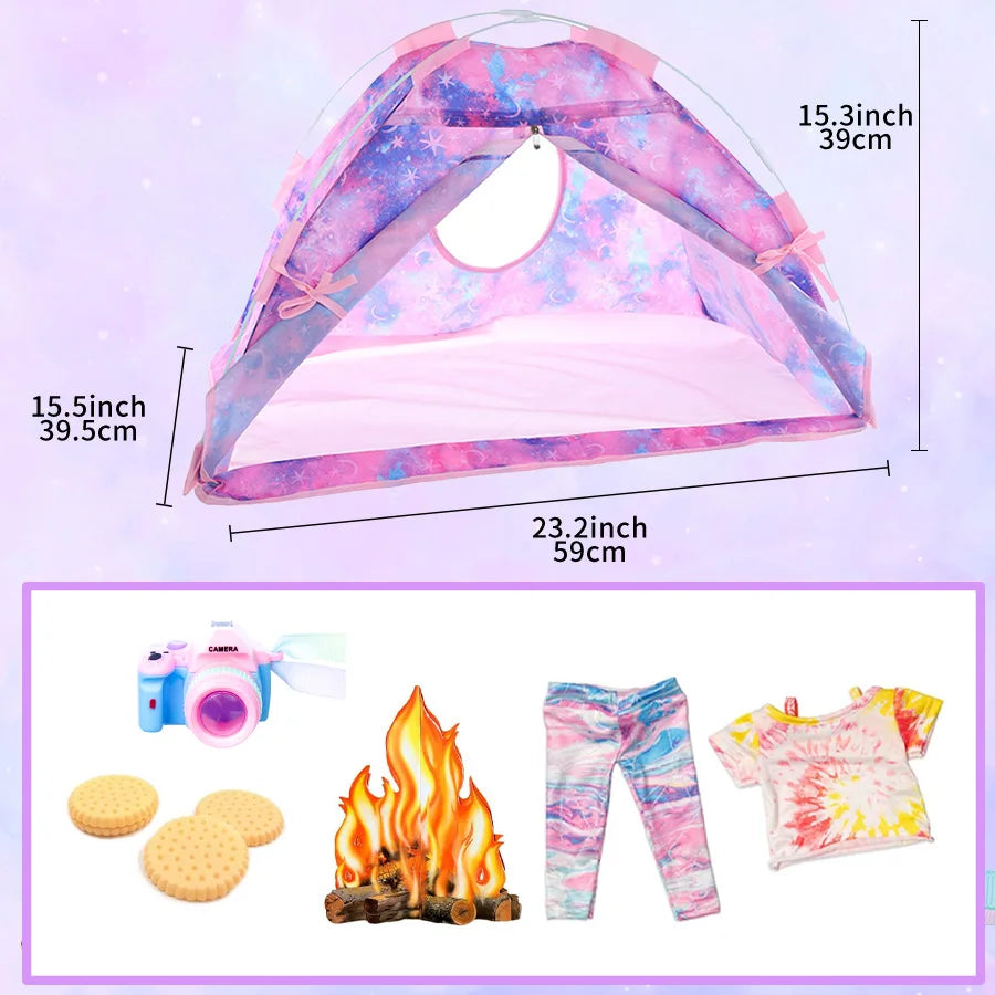 Cute Clothes Set Tent Camping Blanket Campfire Set Accessories For 18Inch Born Baby Doll, American Doll Girls Toys Birthday Gift