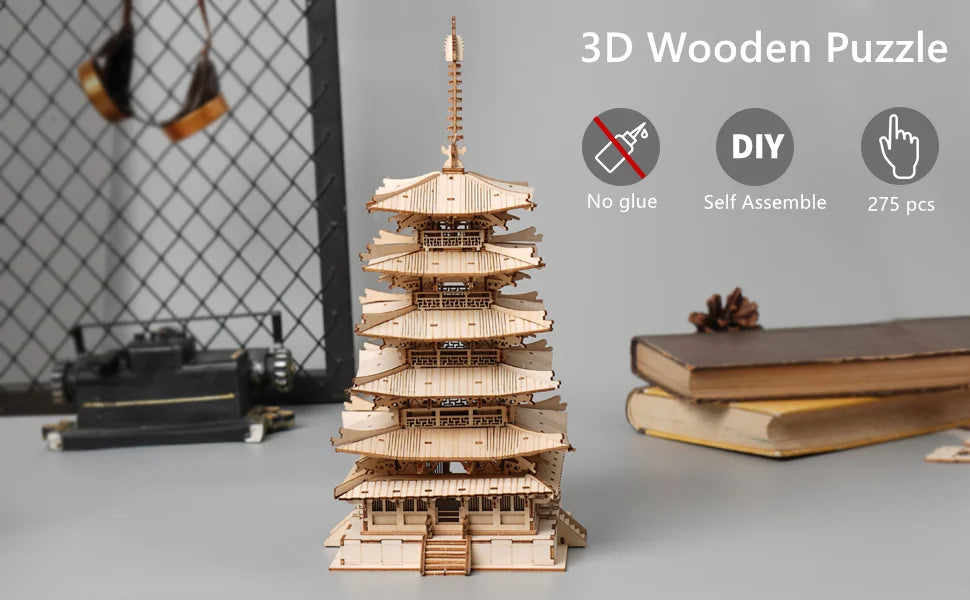 Robotime Five-Storied Pagoda 3D Puzzle Wooden Craft Kits DIY Model Building Kit Best Gift for Kids Adults