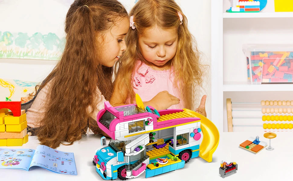 HOGOKIDS 3-in-1 Girls Camper Van Building Set - 494PCS Summer Beach Camping Building Blocks Sets | Food Truck Building Toys with