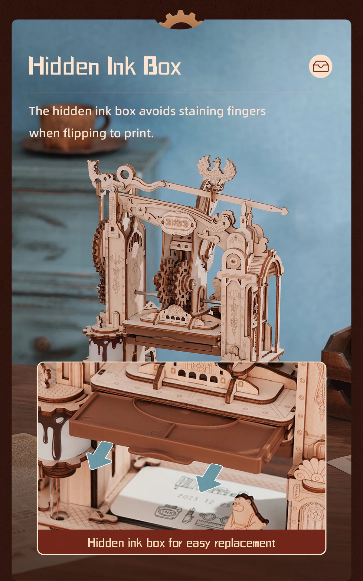 Robotime Rokr Printing Press 3D DIY Puzzle Gifts for Boyfriend Family Wooden Toys with LED Light Building Block Kit Play LK602