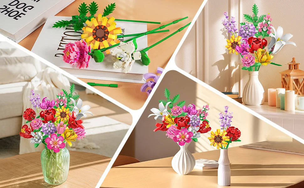 Flower Bouquet Building Set-Botanical Toy Rose Sunflower Home Plant Decor 18 Flowers Models Birthday Gift for Adult Women Kids8+