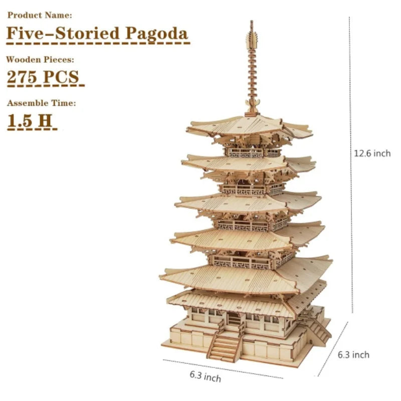 Robotime Five-Storied Pagoda 3D Puzzle Wooden Craft Kits DIY Model Building Kit Best Gift for Kids Adults