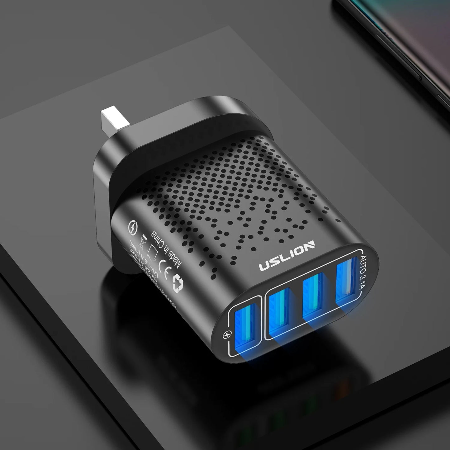USLION 48W 3A QC3.0 AU Plug USB Charger for Australia Mobile Phone Charger For iPhone 15 14 Samsung 4 Port Fast Wall Chargers