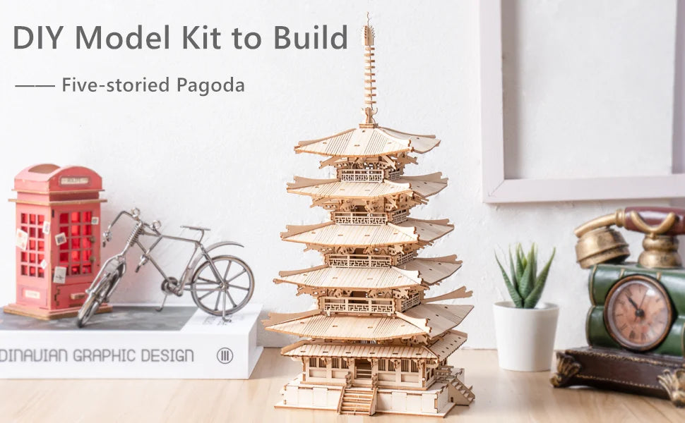 Robotime Five-Storied Pagoda 3D Puzzle Wooden Craft Kits DIY Model Building Kit Best Gift for Kids Adults