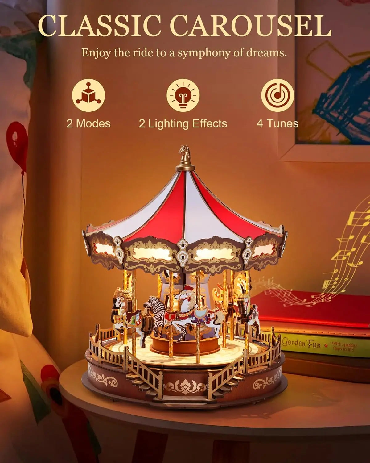 Robotime Rolife Classic Carousel Music Boxes Easy Assemble 3D Wooden Puzzle Moveable Design with Light Xmas Gifts for Family