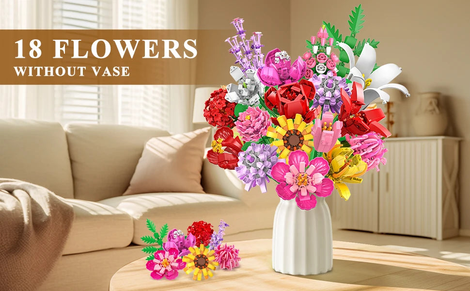 Flower Bouquet Building Set-Botanical Toy Rose Sunflower Home Plant Decor 18 Flowers Models Birthday Gift for Adult Women Kids8+
