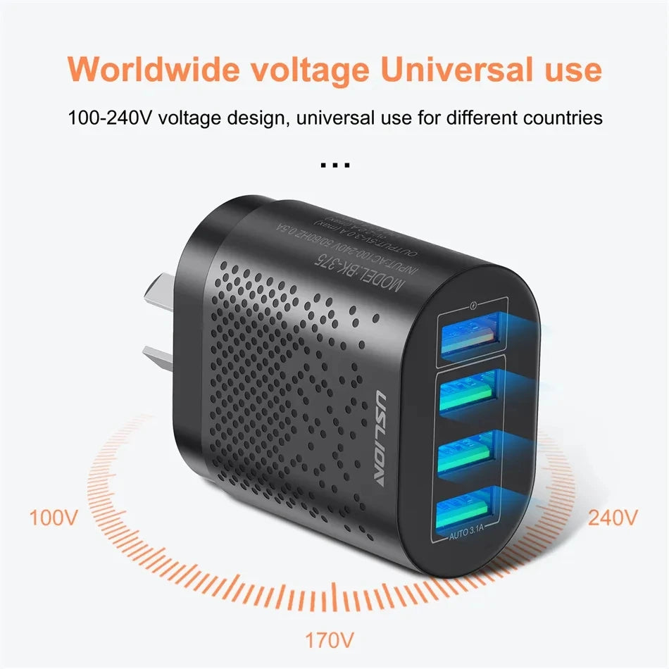 USLION 48W 3A QC3.0 AU Plug USB Charger for Australia Mobile Phone Charger For iPhone 15 14 Samsung 4 Port Fast Wall Chargers