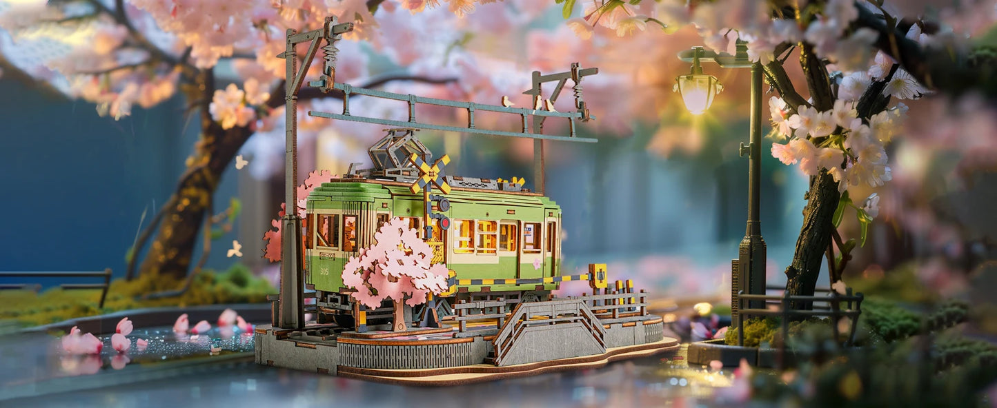 Robotime 3D Puzzles Sakura Journey DIY Model Building Toy with LED Light Wooden Craft Kits Tram Hobby for Kids Brain Teaser Gift
