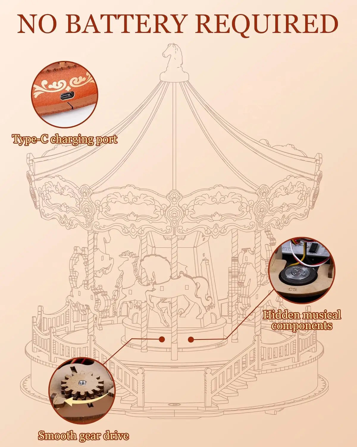 Robotime Rolife Classic Carousel Music Boxes Easy Assemble 3D Wooden Puzzle Moveable Design with Light Xmas Gifts for Family