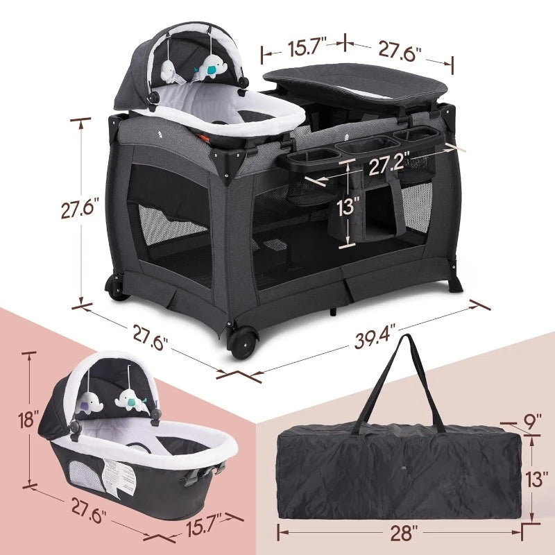 Deluxe Nursery Center, Foldable Playard for Baby & Toddler, Bassinet, Mattress, Changing Table for Newborn(Black)