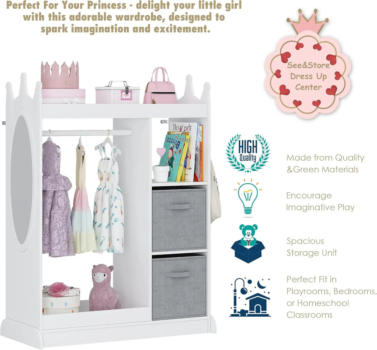 Kids Play Armoire with Mirror, Storage Bins and Closet for Dress Up and Costumes (White)
