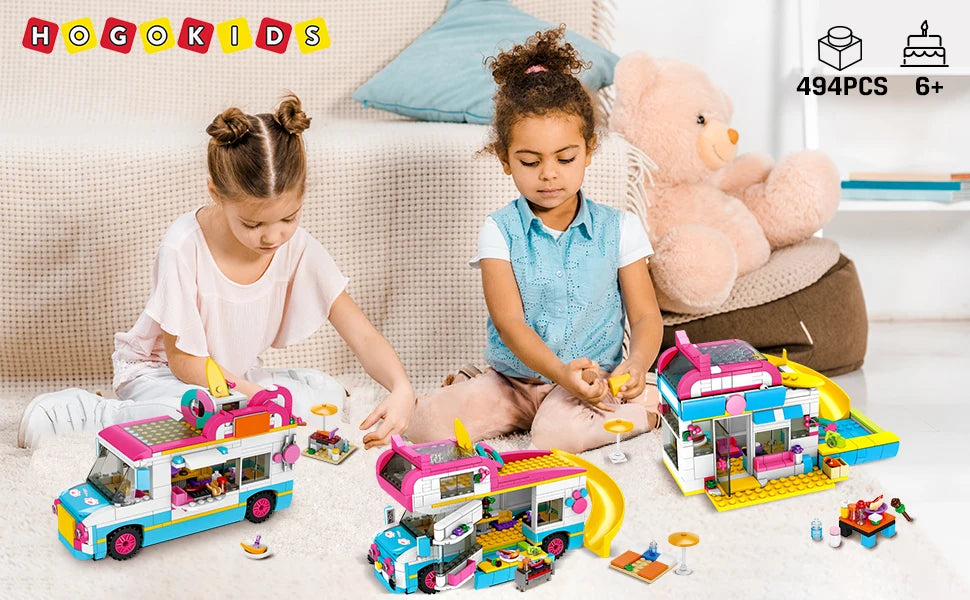 HOGOKIDS 3-in-1 Girls Camper Van Building Set - 494PCS Summer Beach Camping Building Blocks Sets | Food Truck Building Toys with