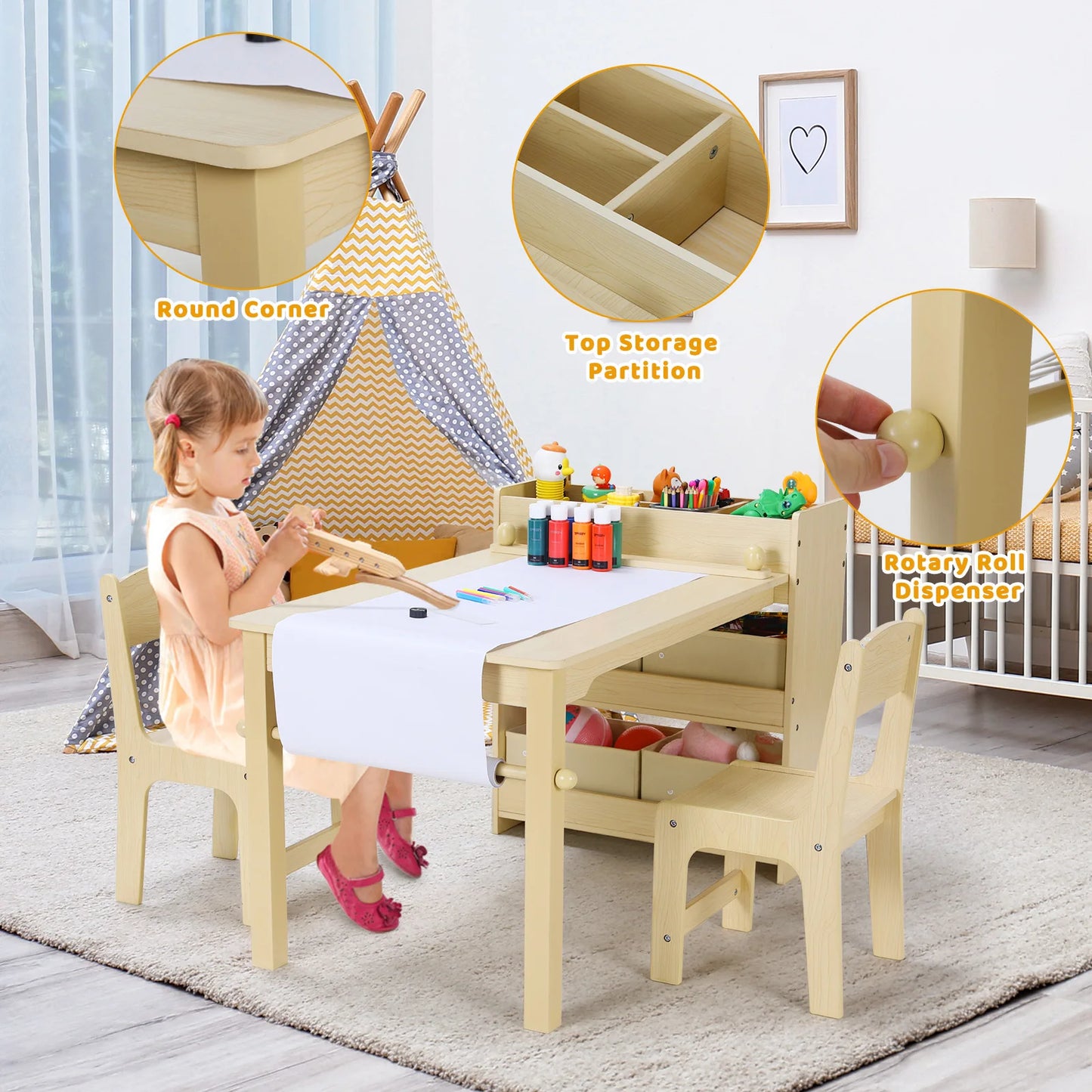 AOOU Kids Art Table and 2 Chairs, Toddler Craft Drawing Desk with Large Storage Shelves, 4 Storage Bins and Paper Roll
