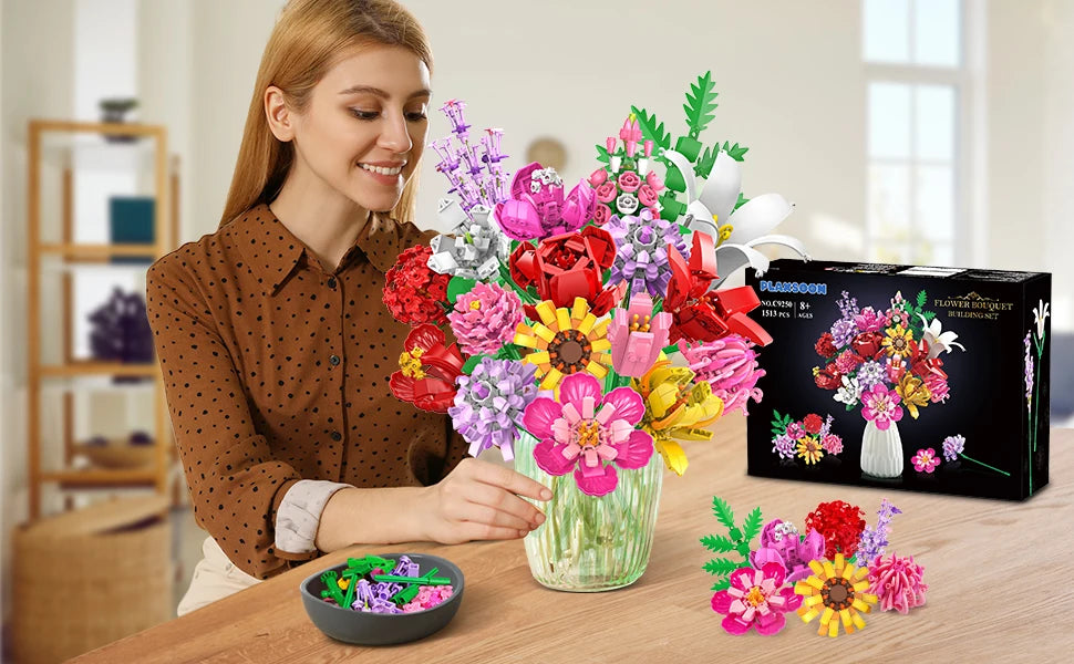 Flower Bouquet Building Set-Botanical Toy Rose Sunflower Home Plant Decor 18 Flowers Models Birthday Gift for Adult Women Kids8+