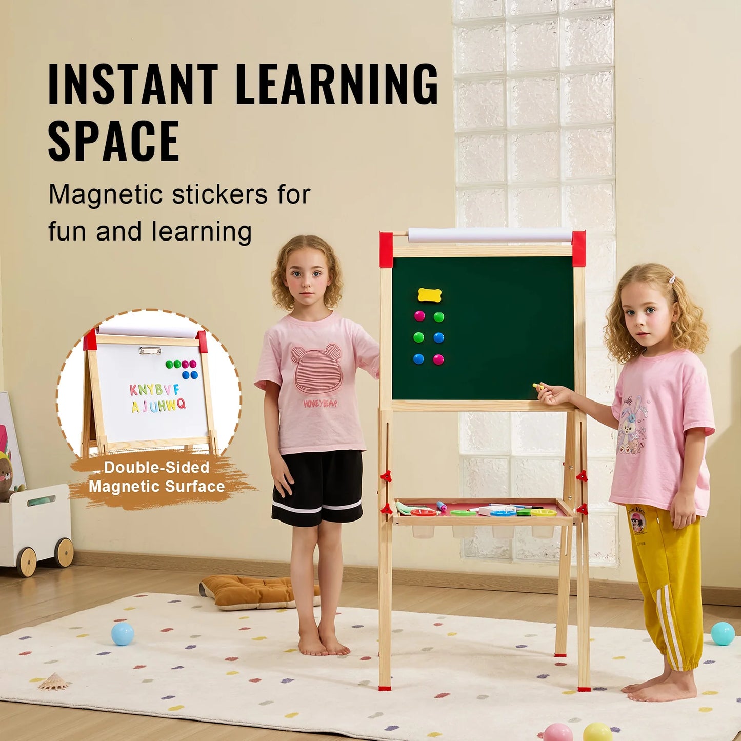 SucceBuy Children Magnetic Drawing Board Wooden Double-Sided Kid's Art Easel with Whiteboard Chalkboard for Boys Girls Gifts