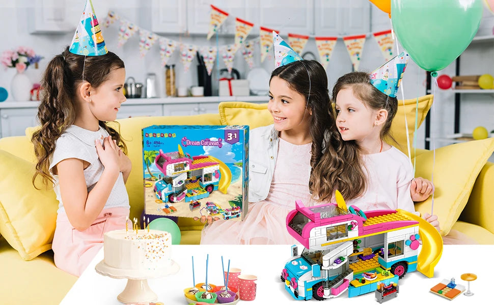HOGOKIDS 3-in-1 Girls Camper Van Building Set - 494PCS Summer Beach Camping Building Blocks Sets | Food Truck Building Toys with