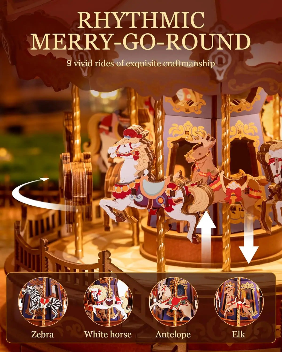 Robotime Rolife Classic Carousel Music Boxes Easy Assemble 3D Wooden Puzzle Moveable Design with Light Xmas Gifts for Family