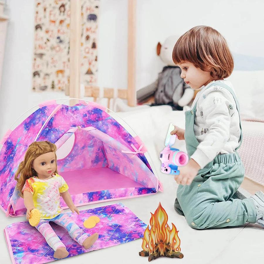 Cute Clothes Set Tent Camping Blanket Campfire Set Accessories For 18Inch Born Baby Doll, American Doll Girls Toys Birthday Gift