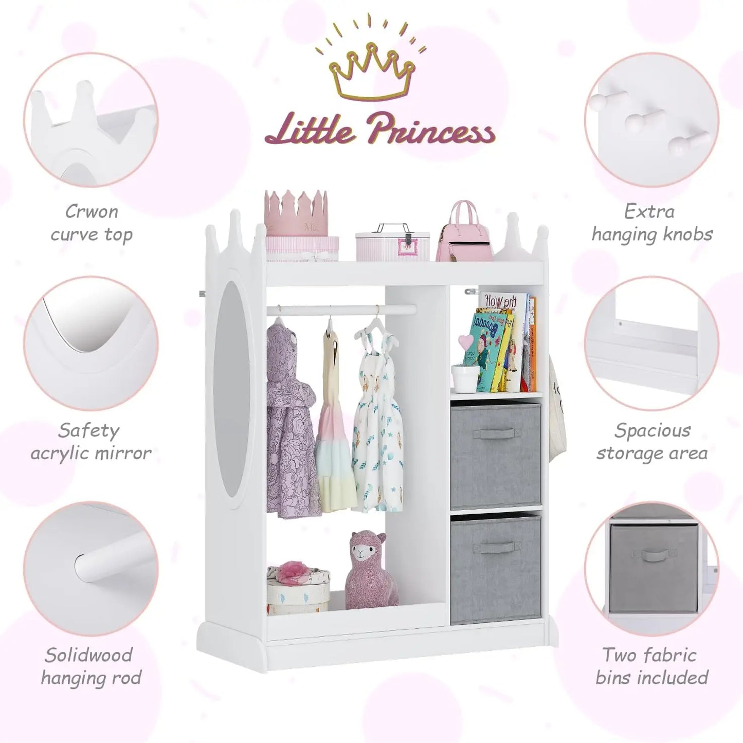 Kids Play Armoire with Mirror, Storage Bins and Closet for Dress Up and Costumes (White)
