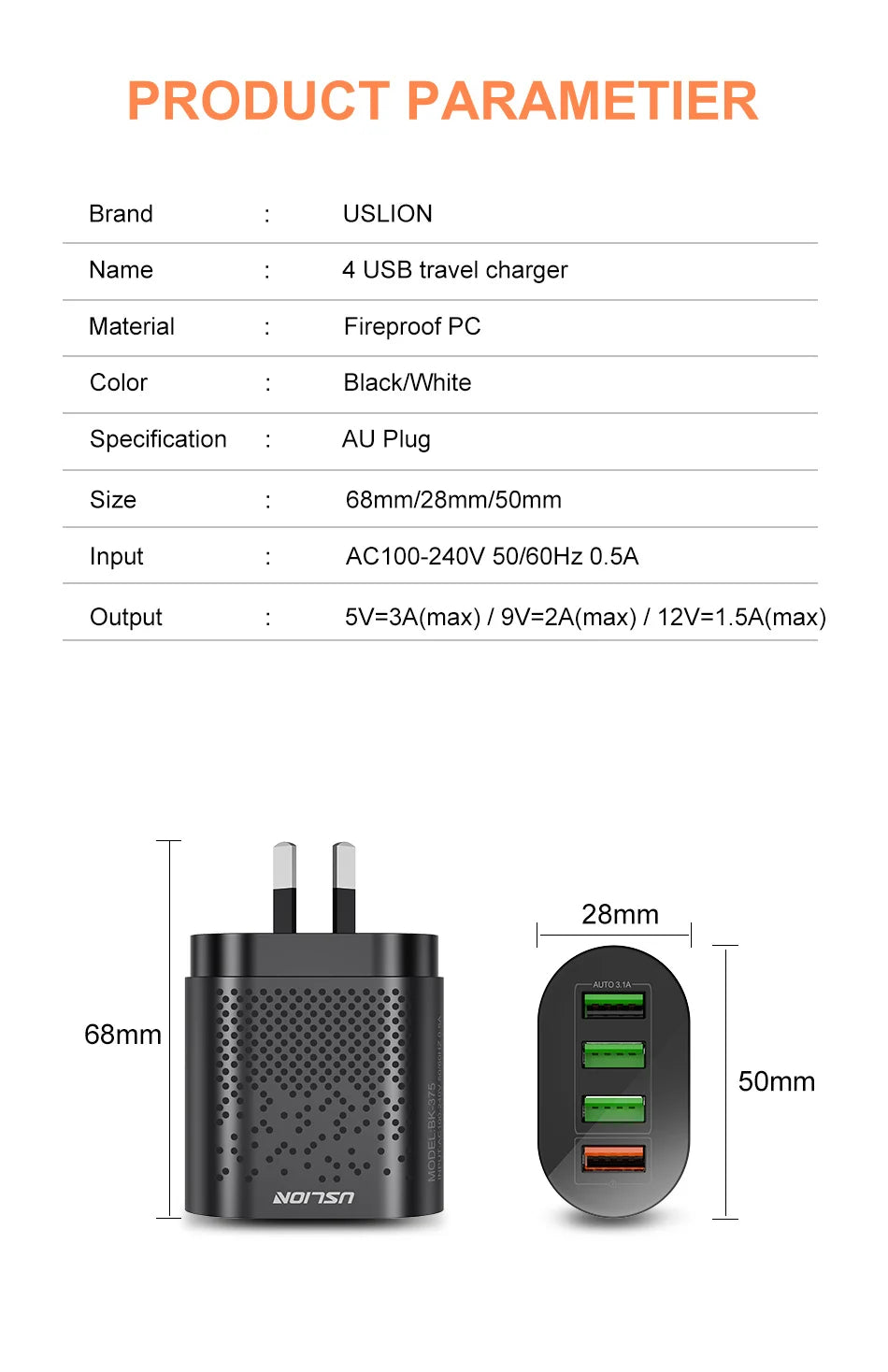 USLION 48W 3A QC3.0 AU Plug USB Charger for Australia Mobile Phone Charger For iPhone 15 14 Samsung 4 Port Fast Wall Chargers