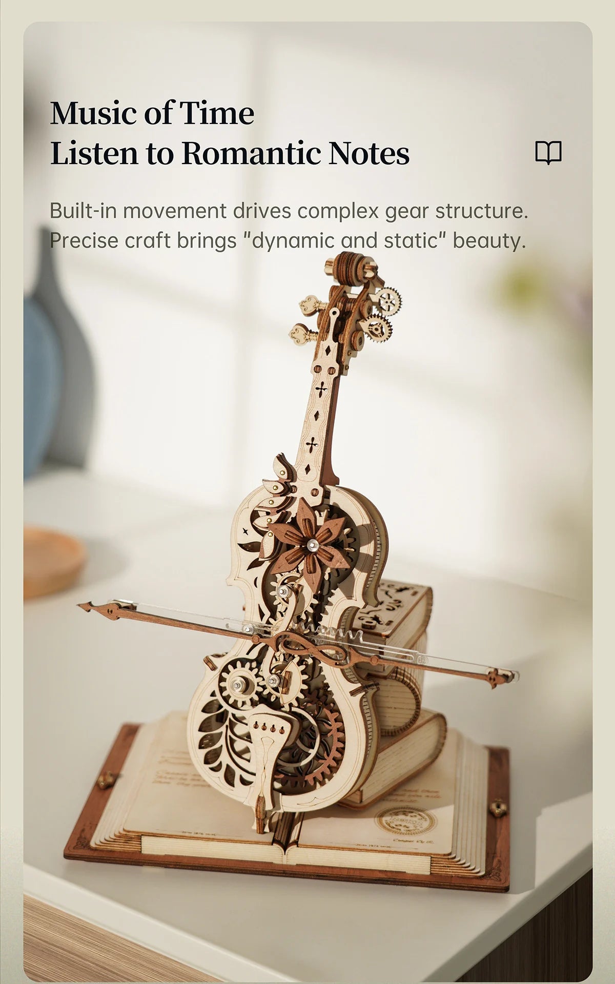 Robotime ROKR 3D Wooden Puzzle Magic Cello Mechanical Music Box Moveable Stem Funny Creative Toys for Child Girls AMK63