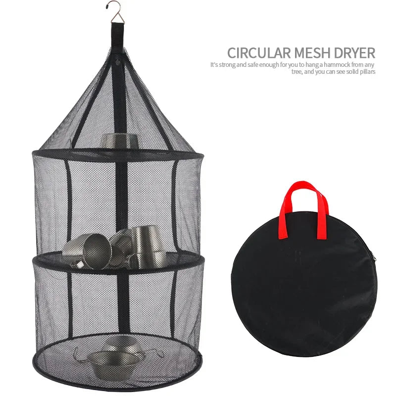 Outdoor Camping Folding Circular Mesh Dryer Net Portable 3 Layers Storage Hanging Mesh Bag Anti-insect Pot Dish Cup Drying Shelf