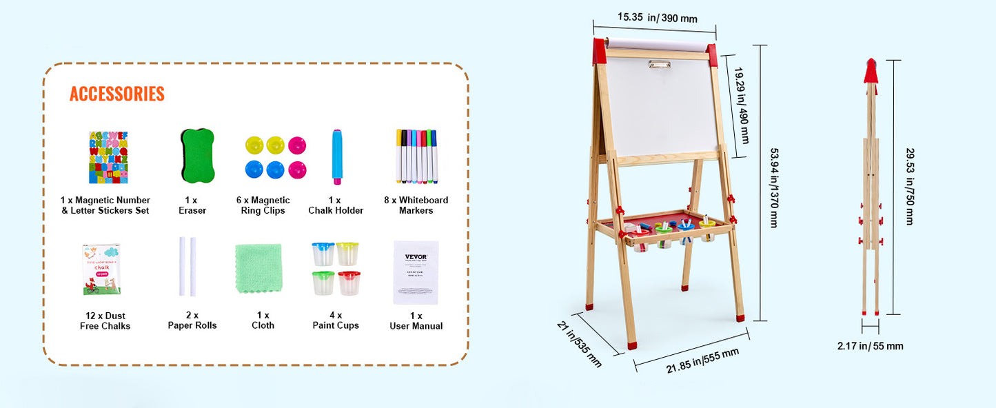 SucceBuy Children Magnetic Drawing Board Wooden Double-Sided Kid's Art Easel with Whiteboard Chalkboard for Boys Girls Gifts