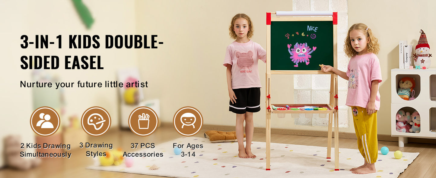 SucceBuy Children Magnetic Drawing Board Wooden Double-Sided Kid's Art Easel with Whiteboard Chalkboard for Boys Girls Gifts