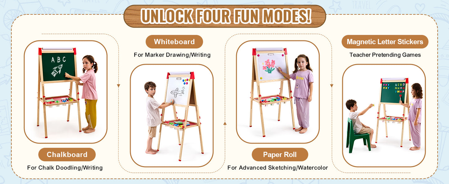 SucceBuy Children Magnetic Drawing Board Wooden Double-Sided Kid's Art Easel with Whiteboard Chalkboard for Boys Girls Gifts