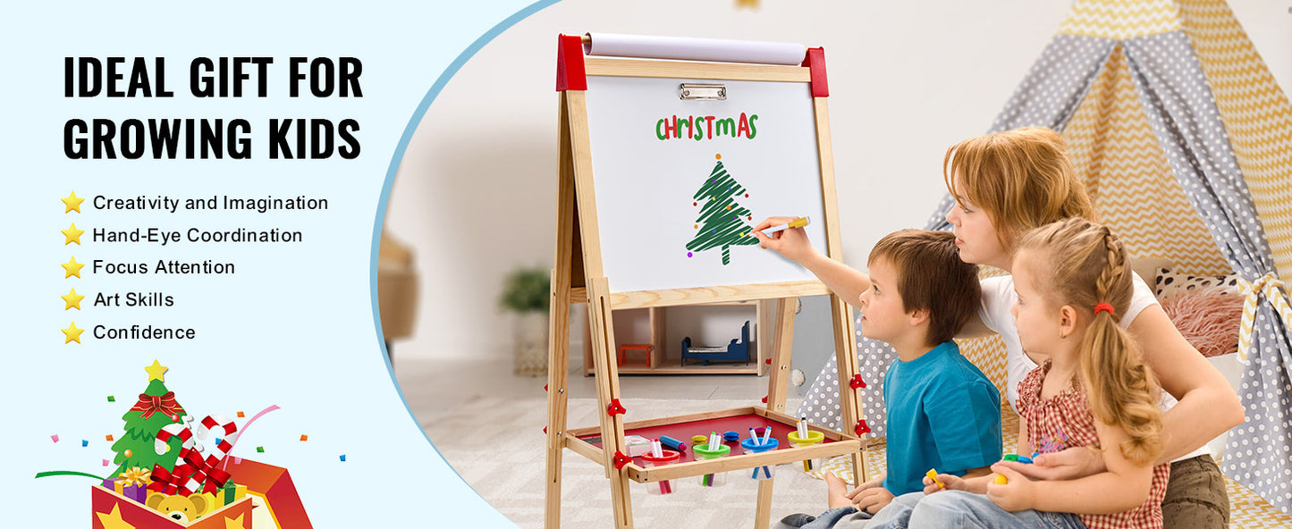 SucceBuy Children Magnetic Drawing Board Wooden Double-Sided Kid's Art Easel with Whiteboard Chalkboard for Boys Girls Gifts
